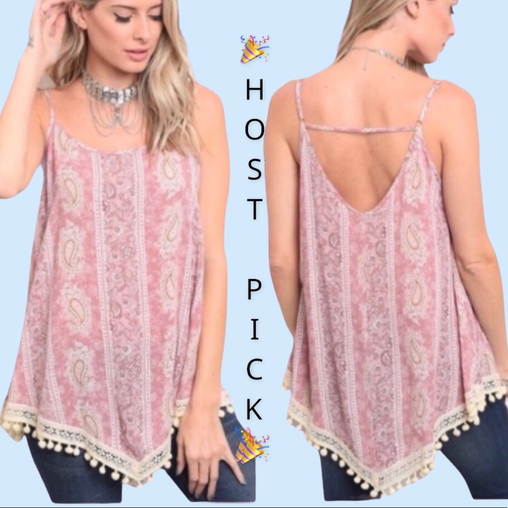 ❌DONATED❌Rose Pink Paisley Pom Pom Hem Top - Picture 1 of 9